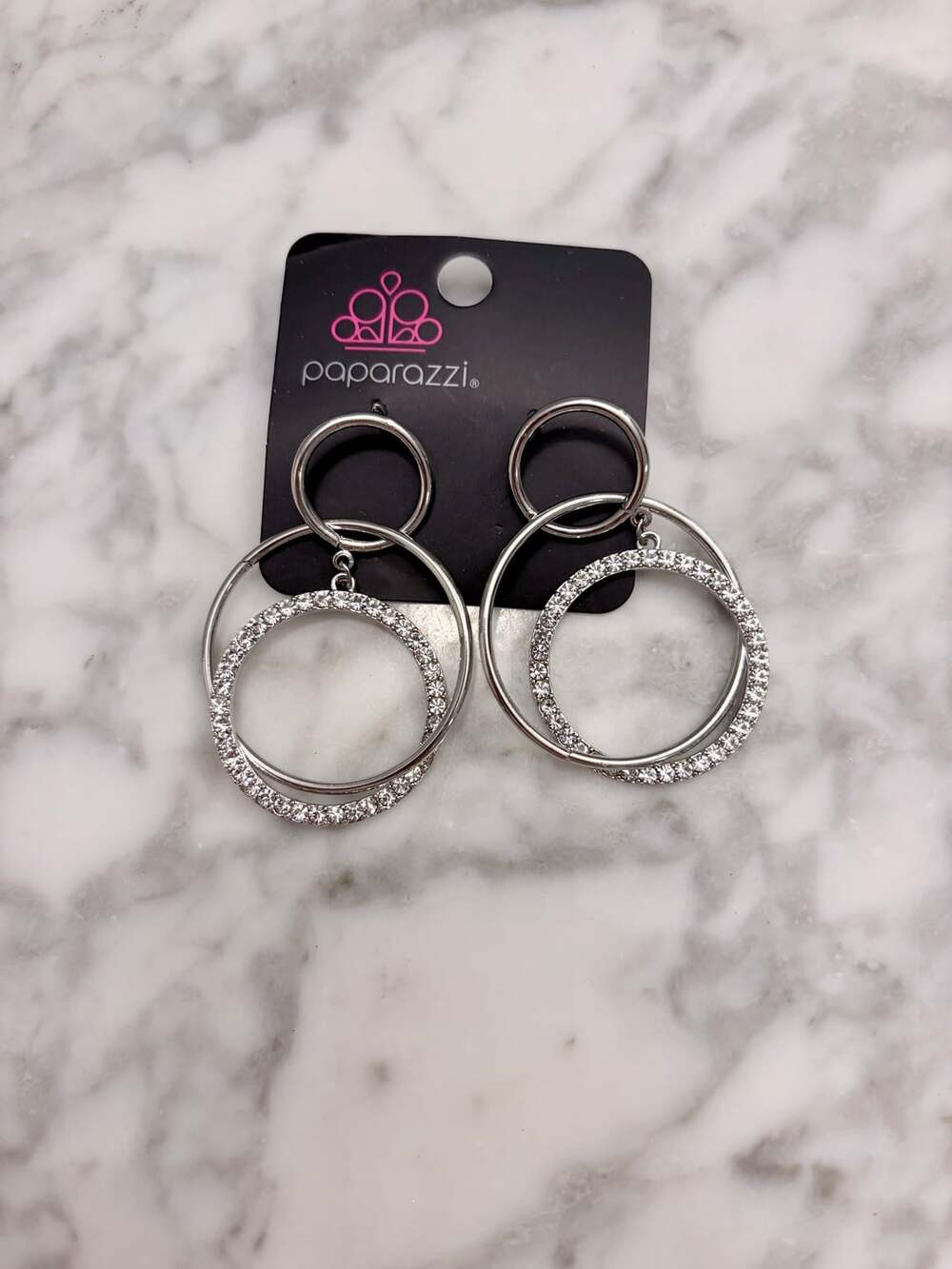 Glam Evening Going Out Crystal Silvertone Earrings Interlocking Hoops